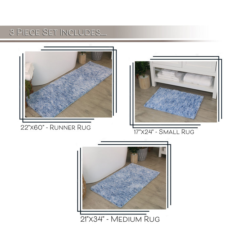 Cloud Comfort 100% Polyester Microfiber Bath Rug Set, Non Slip & Thick Plush Rugs for Shower-3Pc Set, Blue