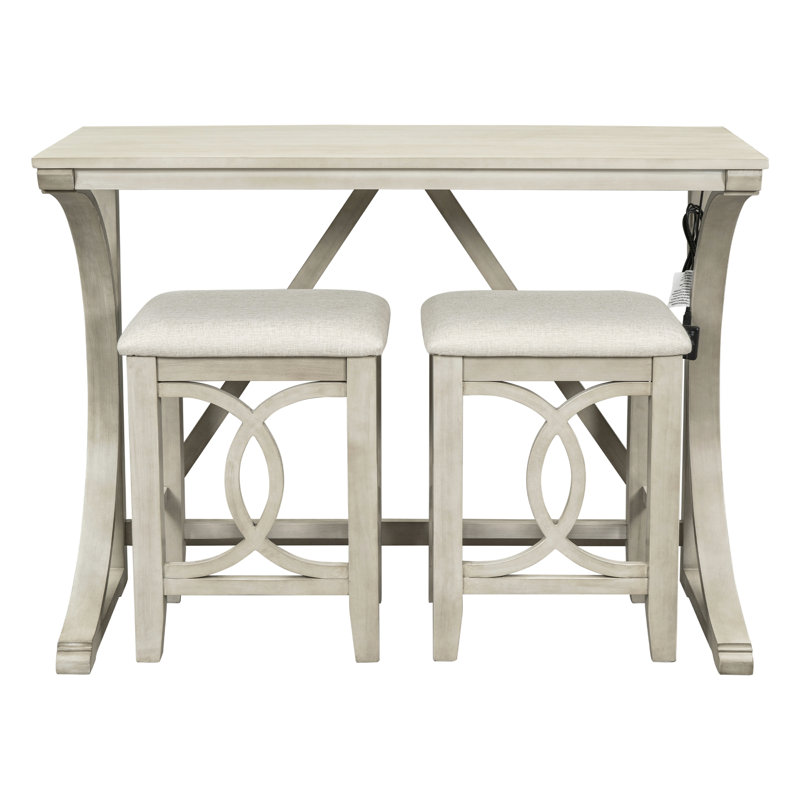 Ensemble de table de salle à manger à hauteur de comptoir 3 pièces Farmhouse avec port USB et tabourets rembourrés, Blanc