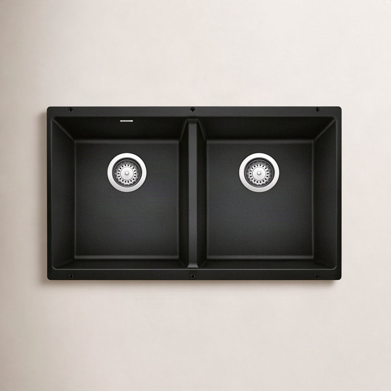 Precis SILGRANIT 29" L X 18.13'' W Double Bowl Undermount Kitchen Sink, Coal Black