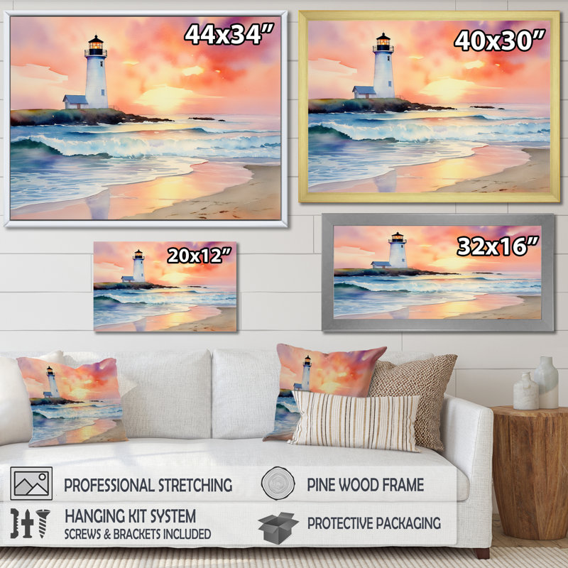 Orange coucher de soleil sur la côte, phare de la plage, sérénité I - art mural plage, Cadre d'angle fermé noir