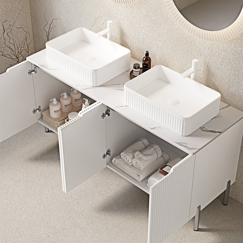 Meuble-lavabo autoportant avec lavabos, Blanc, Blanc
