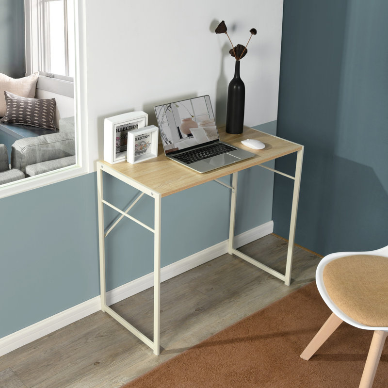 Hyardsite Metal Base Writing Desk, 28.3" H x 39.4" W x 18.9" D, Oak/White