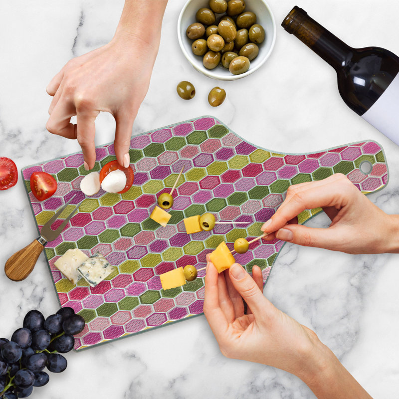 Ambesonne Geometric Tempered Glass Cutting Board Hexagons and Dots Multicolour