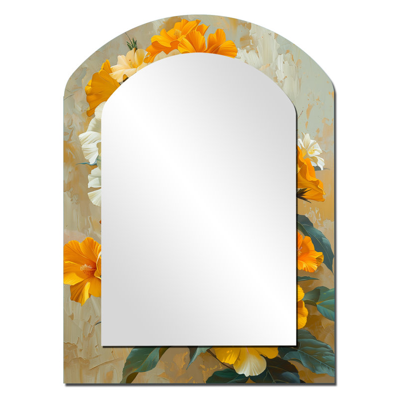 Vibrant Garden Orange White Morning Glory I - Morning Glory Asymmetrical Wall Mirror, Orange Arch Decorative Mirror, Printed Metal Art