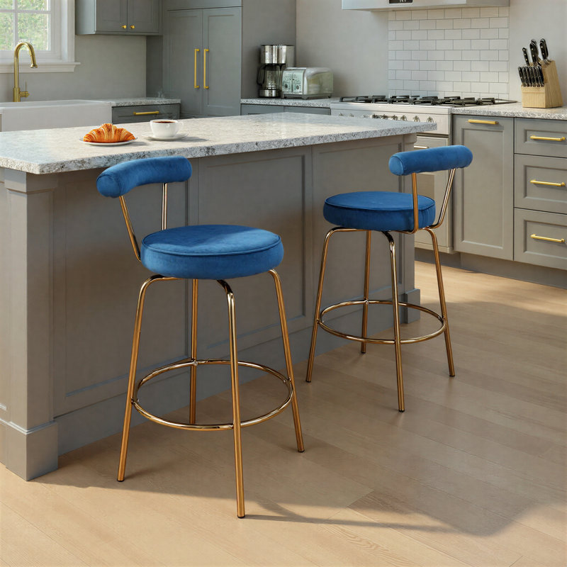Kayson 25.5" Gold Swivel Upholstered Counter Stools, Blue Velvet