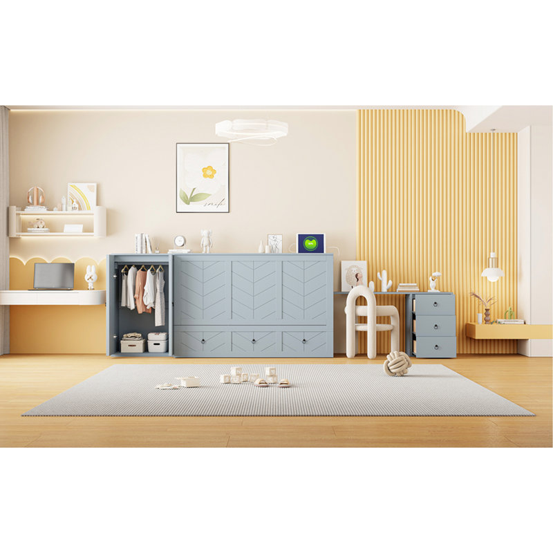 Grand lit avec prise de courant en gris, vaste espace de rangement et mobilier gris accessible, installation massive