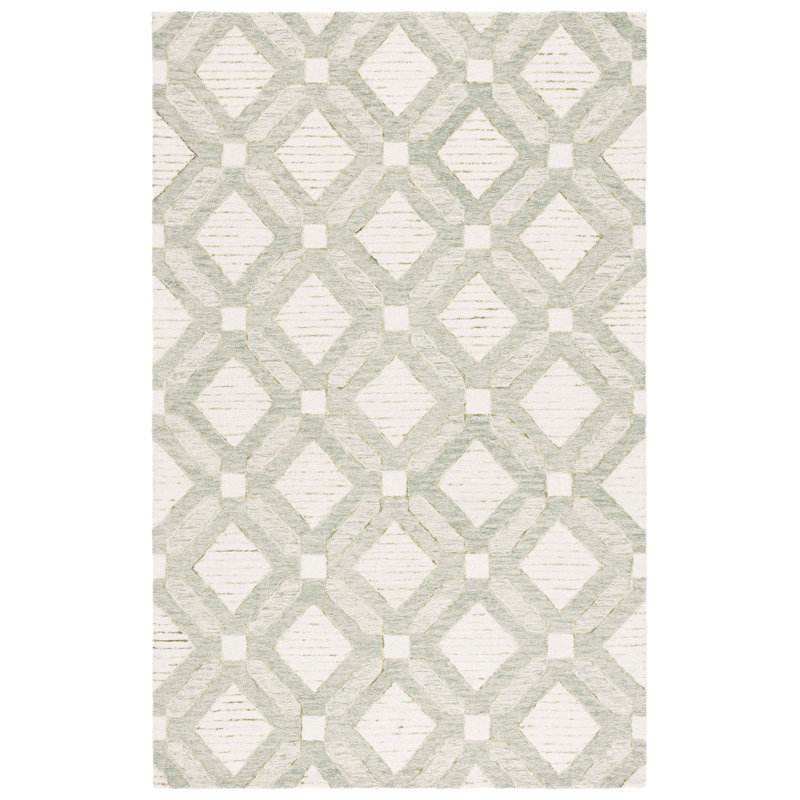 Pine 701 Hand Tufted Wool; Cotton; Latex Geometric Rug in Sage/Ivory, Rectangle 5' x 8'