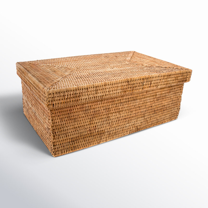 Hand-Woven Rattan Rectangular Bin with Lid, 6" H x 14" W x 10" D, Tudor Black