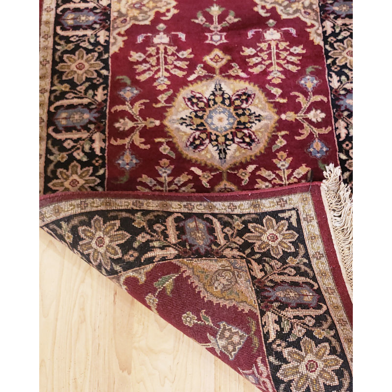Tapis bourgogne / noir en laine noué à la main Ella-May Tabriz, Tapis de couloir 2 pi 6 po x 12 pi