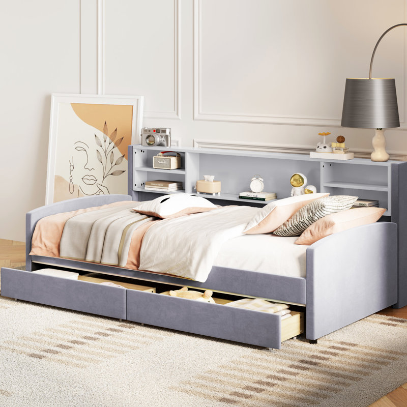 Lit simple gris avec tête de lit tapissier et plateforme avec tiroirs de rangement - Revêtement en velours, Gris