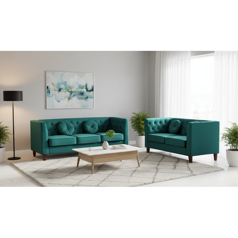 Ensemble 2 pièces causeuse et canapé en velours, Vert