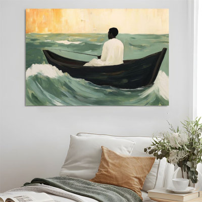 2D Flat, 1Pc Framed Canvas Wall Art, Solitary Fisherman, Fishing at Sea, Impressionist Style Art Print Canvas Poster Painting Room Wall Decor, Ideal G