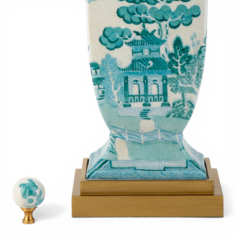 Turquoise Willow Hand Painted Porcelain Table Lamp with Gold Wood Base