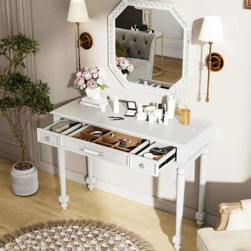 Élégante coiffeuse avec miroir octogonal et 3 tiroirs pour la chambre à coucher, la salle de bain ou le vestibule, plateau de table lisse, grand plateau de maquillage rétro compact, - console de tiroir avec revêtement brillant