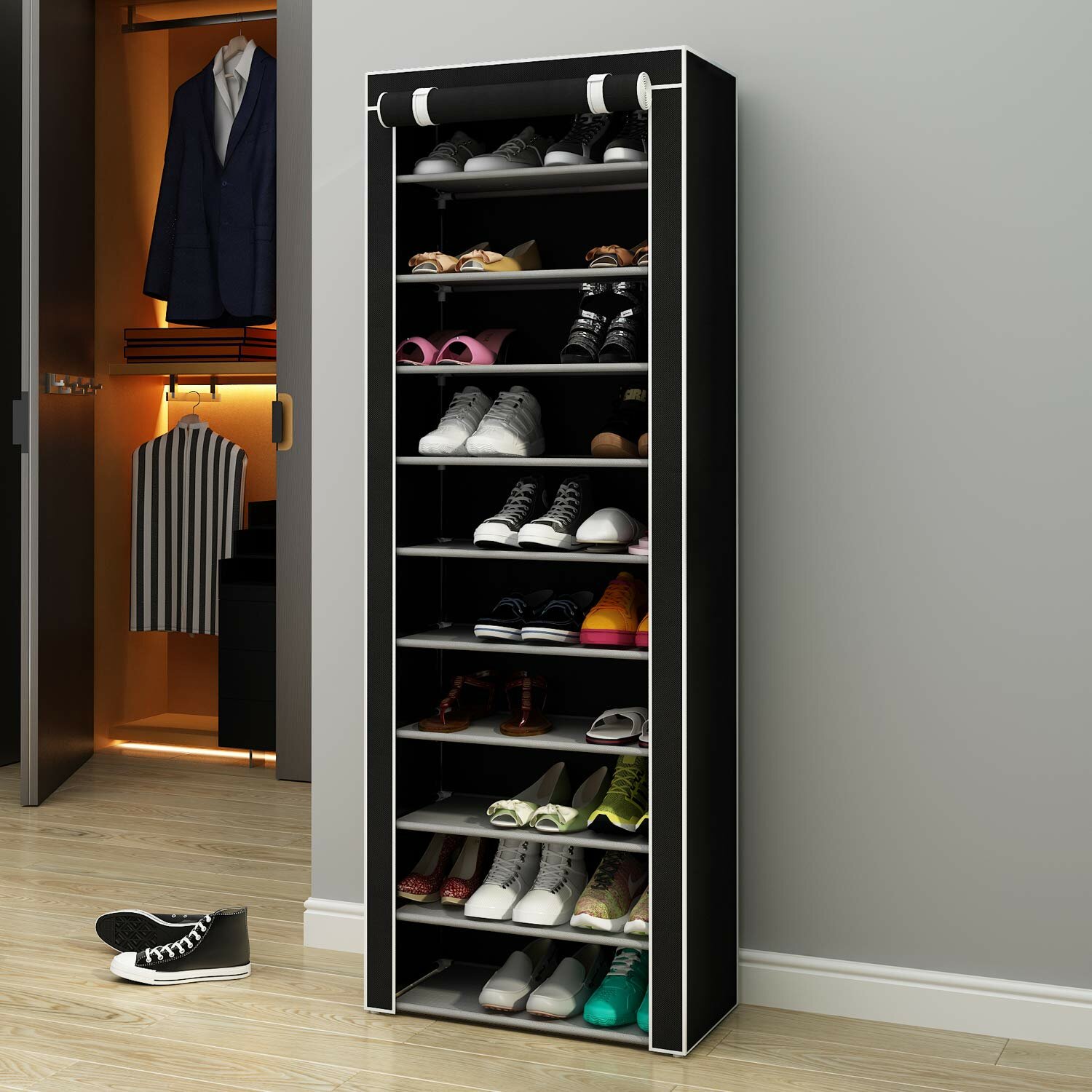 Mainstays 10-Tier Shoe Rack, Powder Coated Black and Silver Finish, 30 Pairs