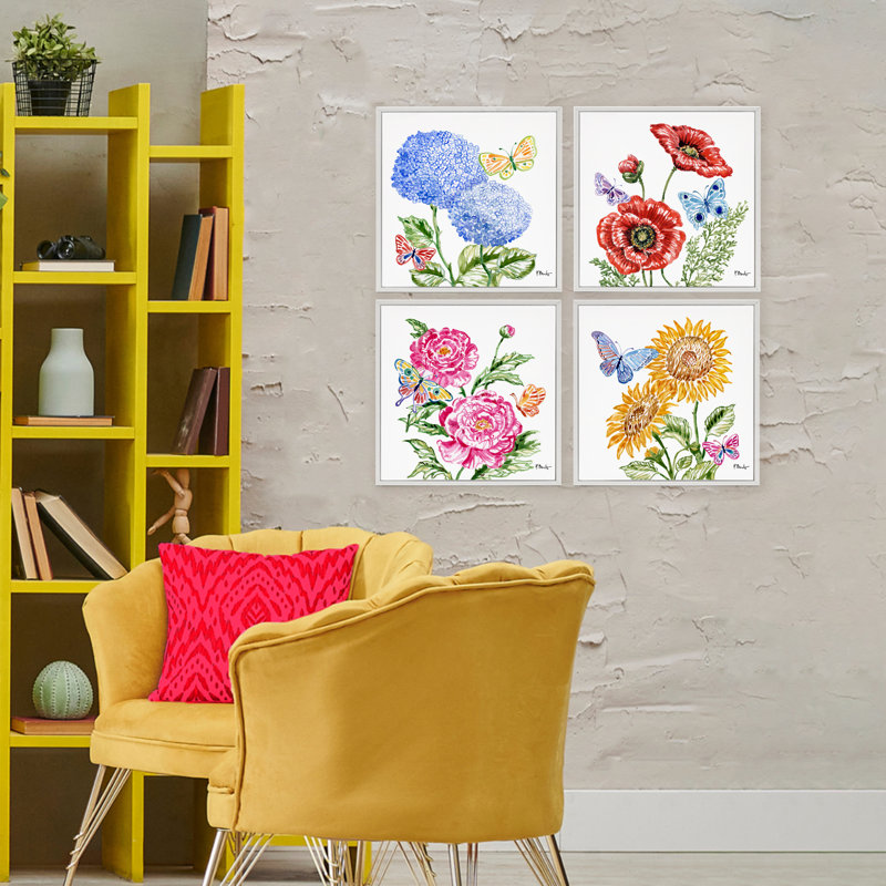 Ensemble de 4 giclées encadrées "Brushstroke Florals & Butterflies", design par Paul Brent, H 17 po x l 68 po