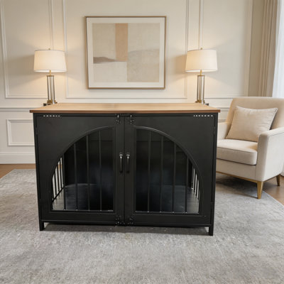 42.5 in. Large Dog Crate with Arched Door Metal Wire Cage for Medium Dogs Indoor Use Double Door with Slide Out Tray Black Walnut