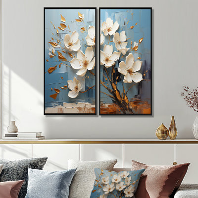 Orchidée blanche et bleue, jardin d'or de branches VI - Grandes impressions d'art floral abstrait sur toile