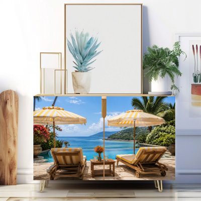 Buffet étroit de 35,4 po de largeur - armoire de rangement d'appoint à 2 portes avec parasols rayés jaunes en bordure de piscine et pieds en métal