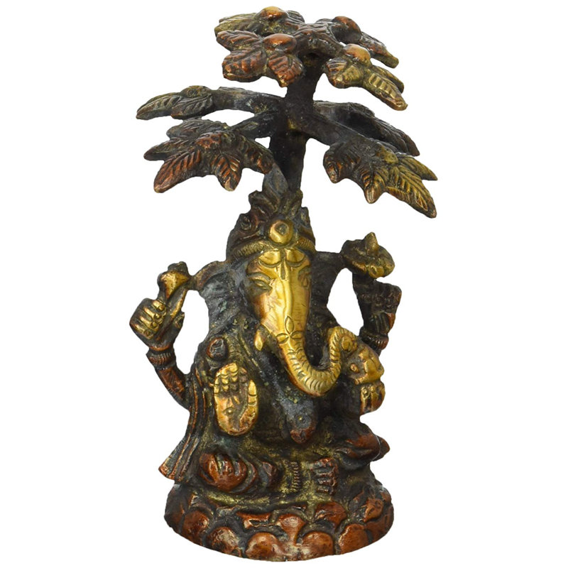 Handcrafted Brass Ganesha Statue Under Tree, 3.7 in., Traditional Hindu Figurine for Home Altar & Meditation Room