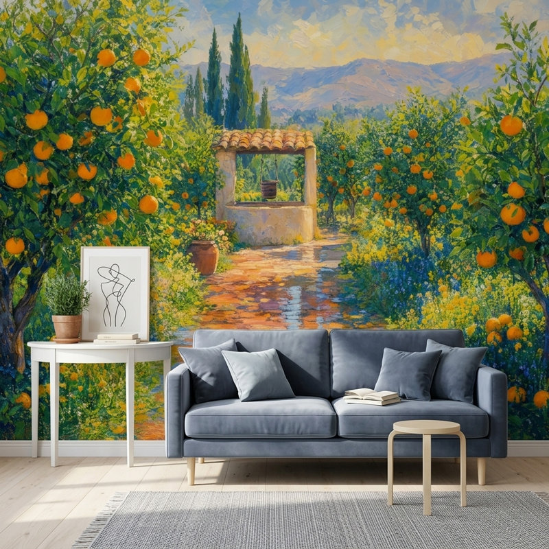 Papier peint mural représentant un verger méditerranéen, des orangers et un sentier de jardin ensoleillé., 200"x120"