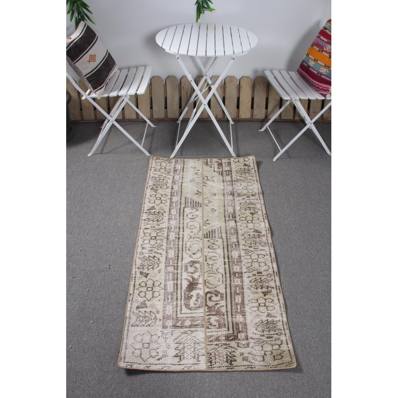 Vintage Handmade Turkish Patchwork Rug in Faded Green for Entryway and Small Spaces