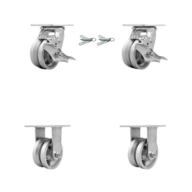 Ensemble de 4 roulettes semi-rigides en acier 4 pièces avec 2 freins / 2 verrous pivotants rigides