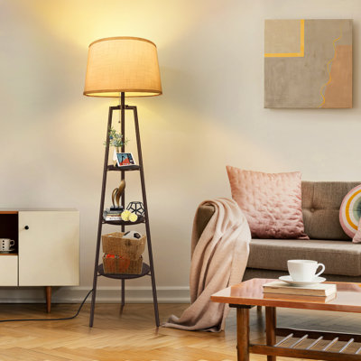 Grealish 60.7" LED Dimmable Tripod Floor Lamp with Shelves,Modern Shelf Floor Lamp with 3 Colour Temperature