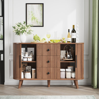 Sideboard Buffet Cabinet With 2 Sliding Tambour Doors And 3 Drawers, Storage Cabinet With Adjustable Shelves For Living Room