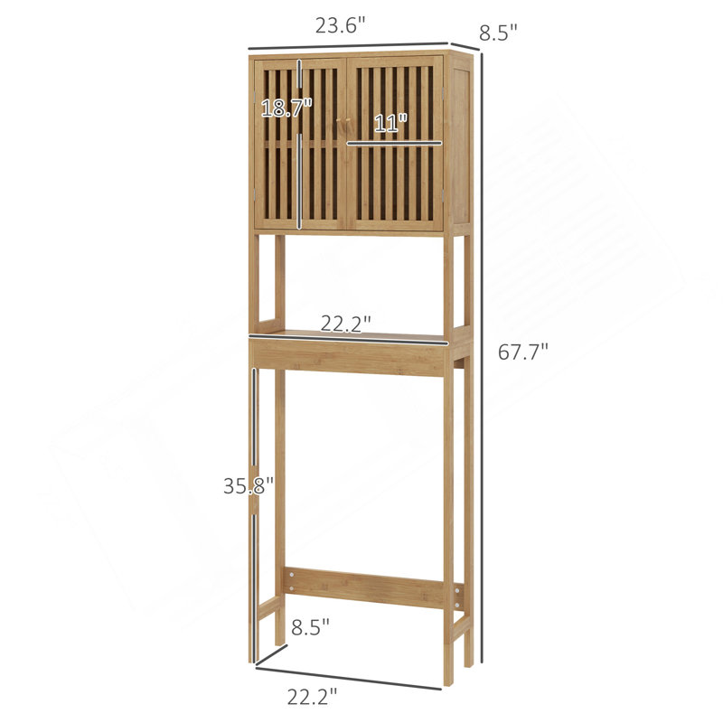 Armoire de rangement en bambou au-dessus de la toilette, organisateur de salle de bain au-dessus de la toilette avec portes à lattes, tablette réglable et tablette ouverte, naturel