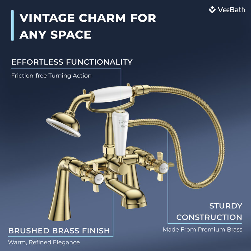 VeeBath Regency Traditional Bath Shower Mixer Tap with Kit, Brushed Brass