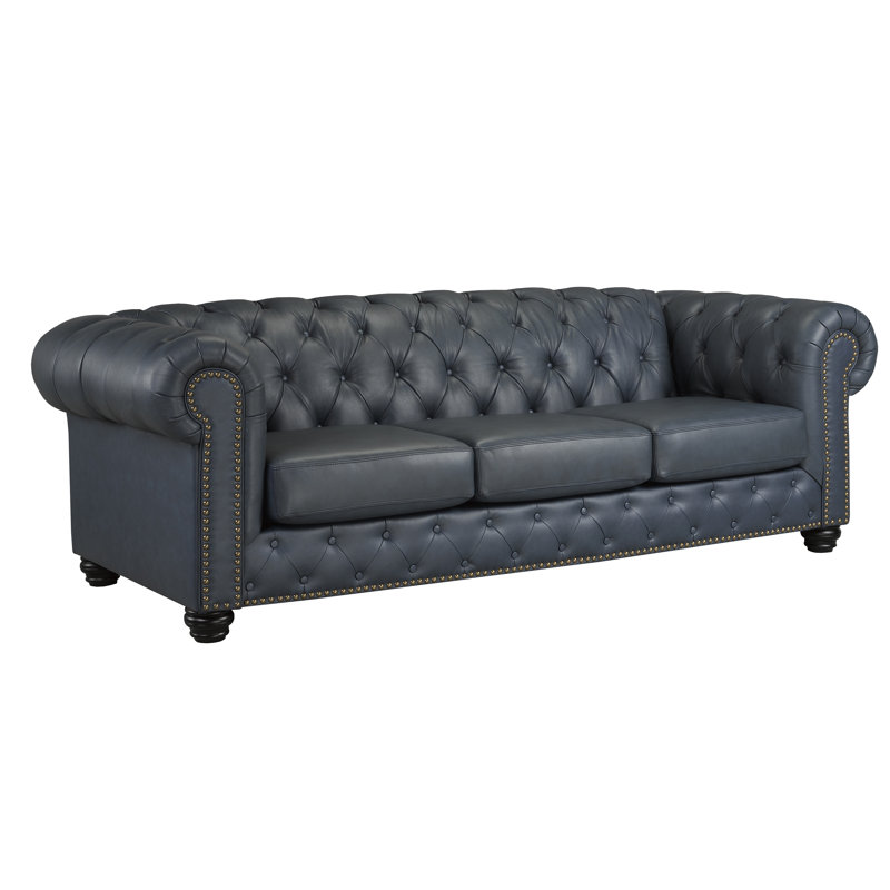 Orner 93" Leather Rolled Arm Chesterfield Sofa, Slate Leather Match
