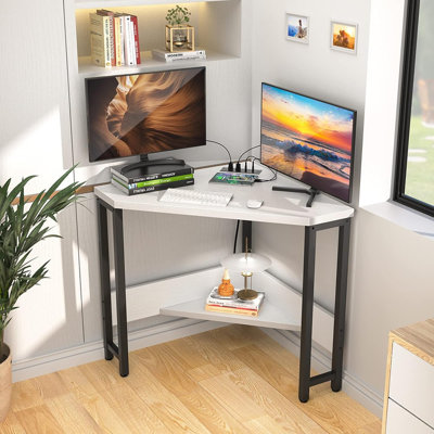 White Corner Desk With USB Ports, Compact Triangle Table With Storage, Small-Space Workstation For Home Office, Living Room, Or Bedroom