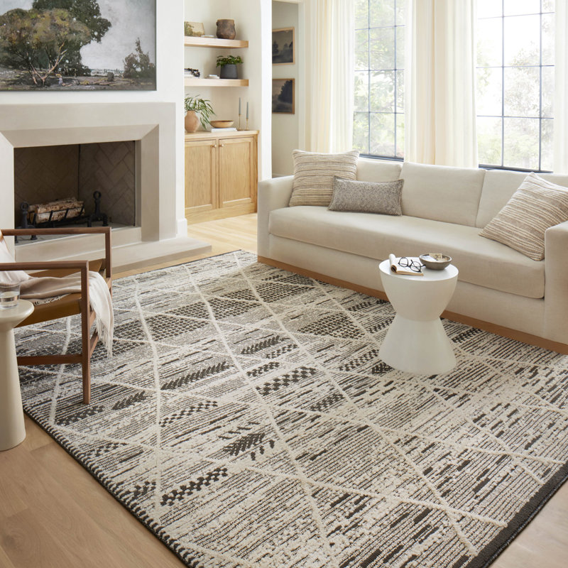 Moroccan Machine Made Power Loom Polyester Area Rug in Charcoal/Ivory, Rectangle 7'10" x 10'