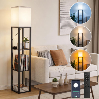 Homechoose Modern Shelf Floor Lamp with USB & AC Outlet, Stepless Dimming, Remote & App Control, 3-Tier Storage, Adjustable 2500K–6000K, Black Walnut Finish