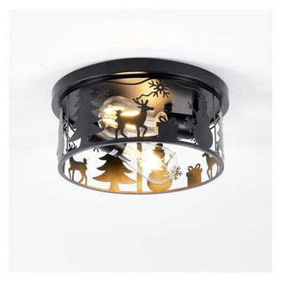Rustic Farmhouse 2-Light Flush Mount Ceiling Light with Deer and Snowman Motifs, Black Iron Round Fixture for Kitchen, Bedroom, Foyer, and Lodge (Bulbs Not Included)