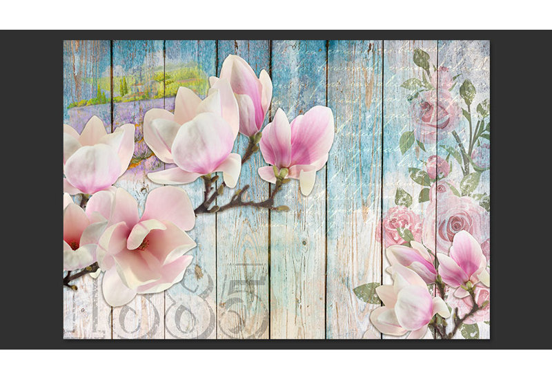 Pink Flowers on Wood 245cm x 350cm Wallpaper