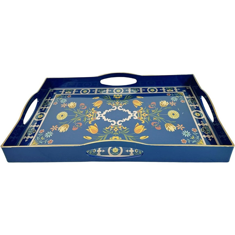 Plateau de service décoratif bleu Boho avec quatre poignées, plateau de repose-pieds en plastique pour table basse, salon et salle de bain