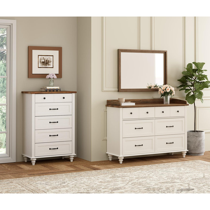 Ensemble de chambre à coucher 2 pièces, une commode à 5 tiroirs et une commode à 6 tiroirs, Blanc cassé