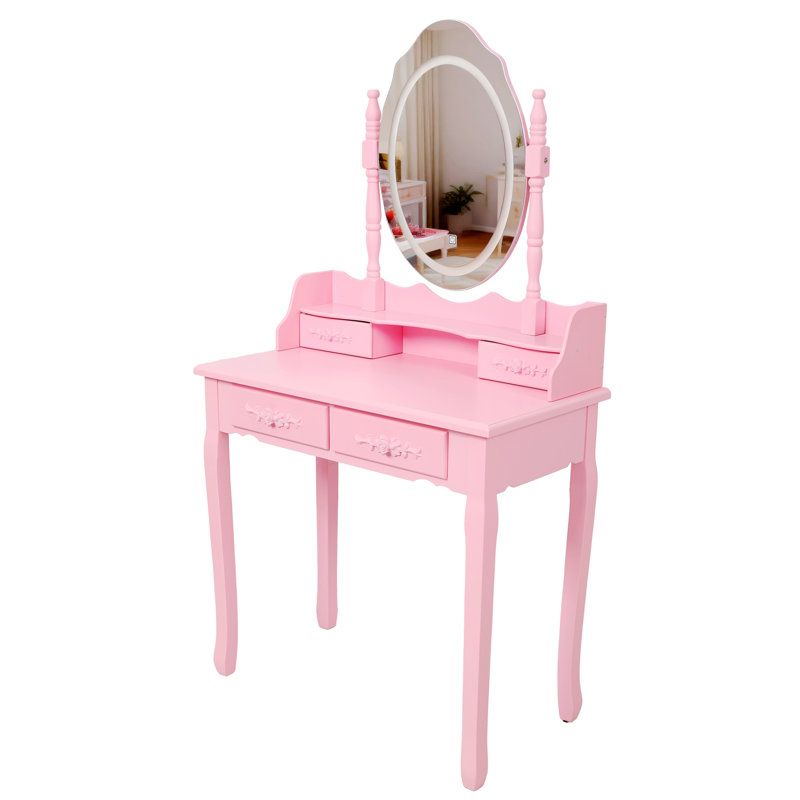 Vanity Desk Set With LED Light Mirror And Cushioned Stool For Bedroom, Pink