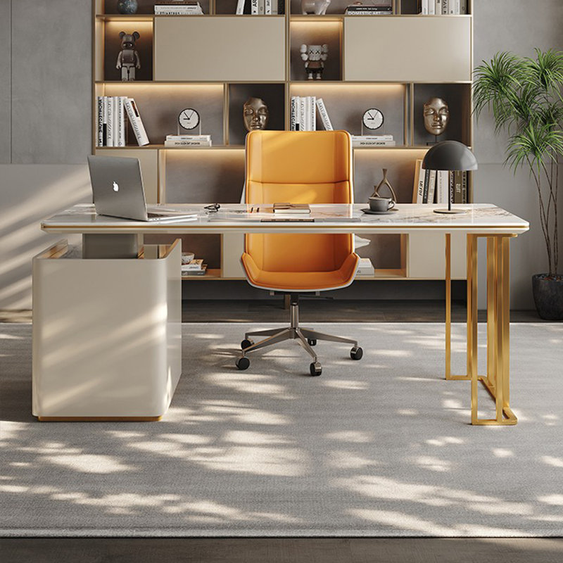 White + Gold Rectangular Stone desk, Right Hand Facing, 29.53" H x 70.87" W x 27.56" D