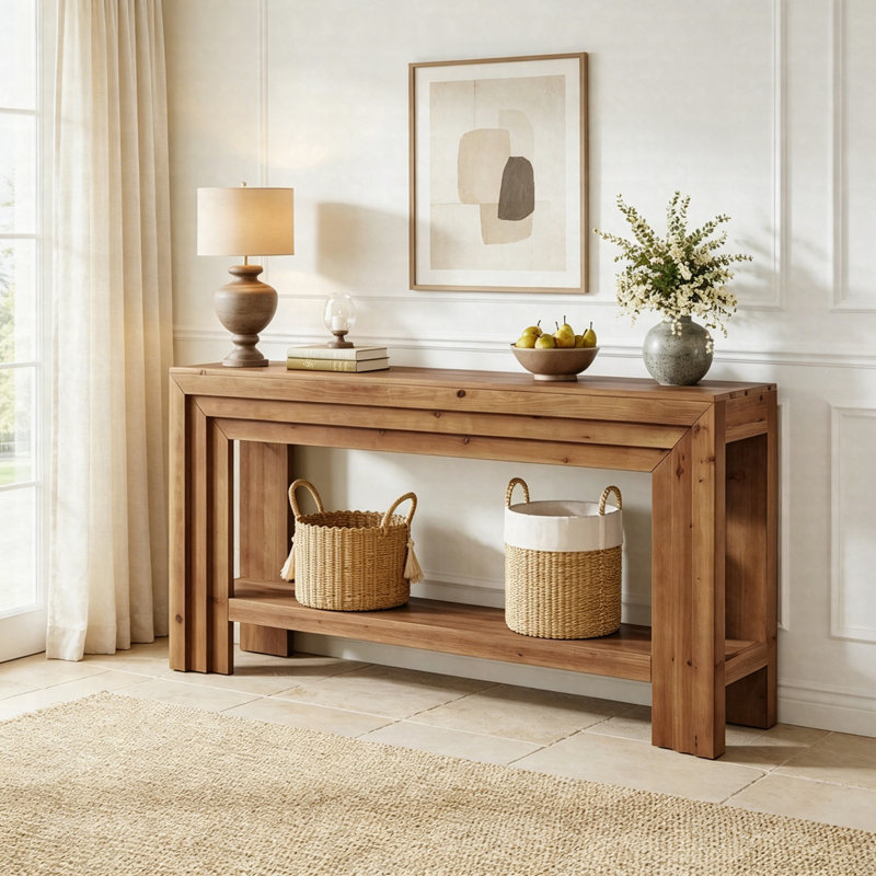 63" Solid Wood Console Table, 2-Tier Farmhouse Entryway Sofa Table With Dimensional Linear Frame, Hallway Table