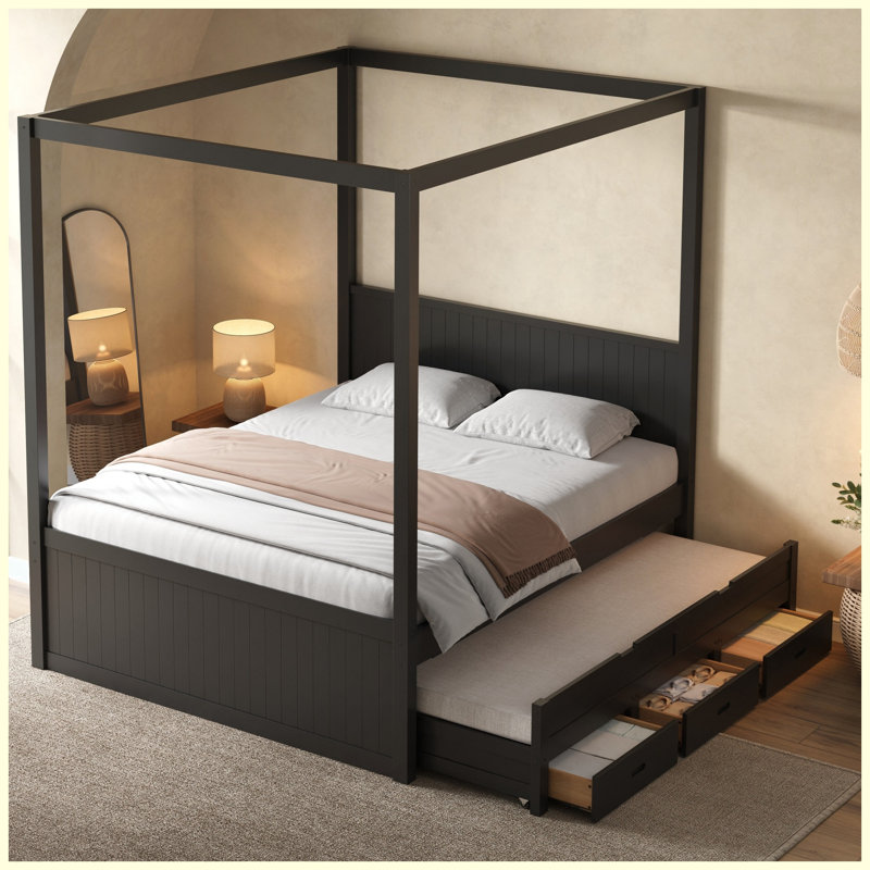 Lit plateforme double à baldaquin avec lit gigogne simple, 3 tiroirs de rangement, tête de lit, lit à baldaquin noir pour la chambre à coucher
