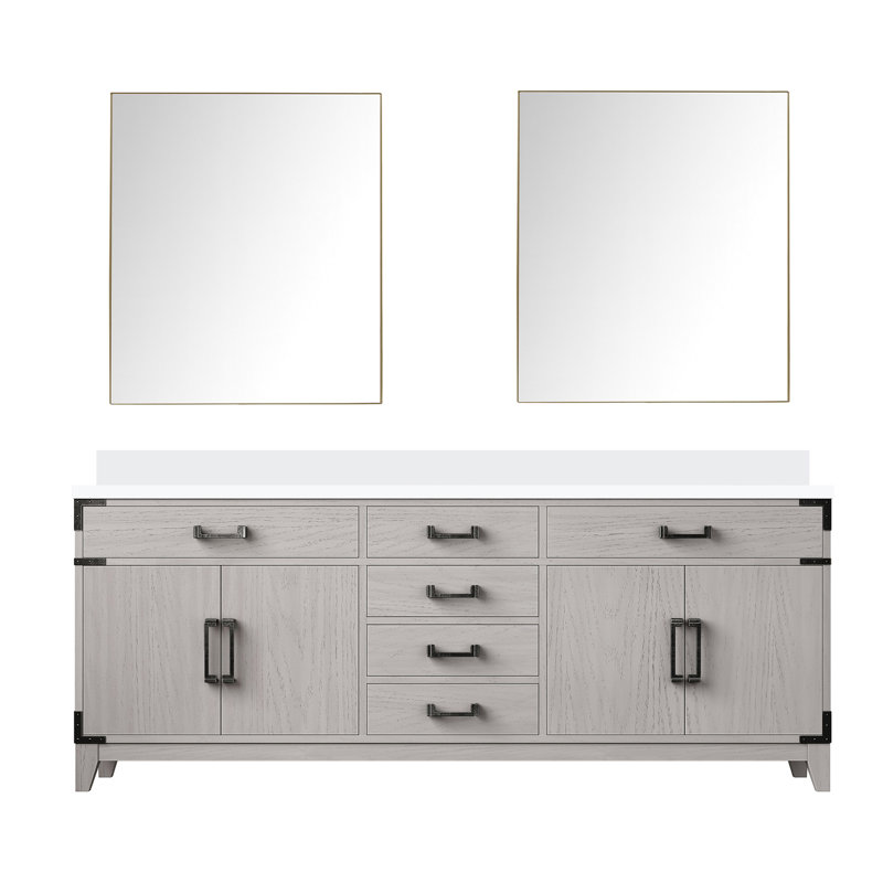Meuble-lavabo double 80 po x 22 po en chêne blanc avec plateau en quartz scellé et miroirs de 36 po à fermeture douce et espace de rangement intérieur de 80 po
