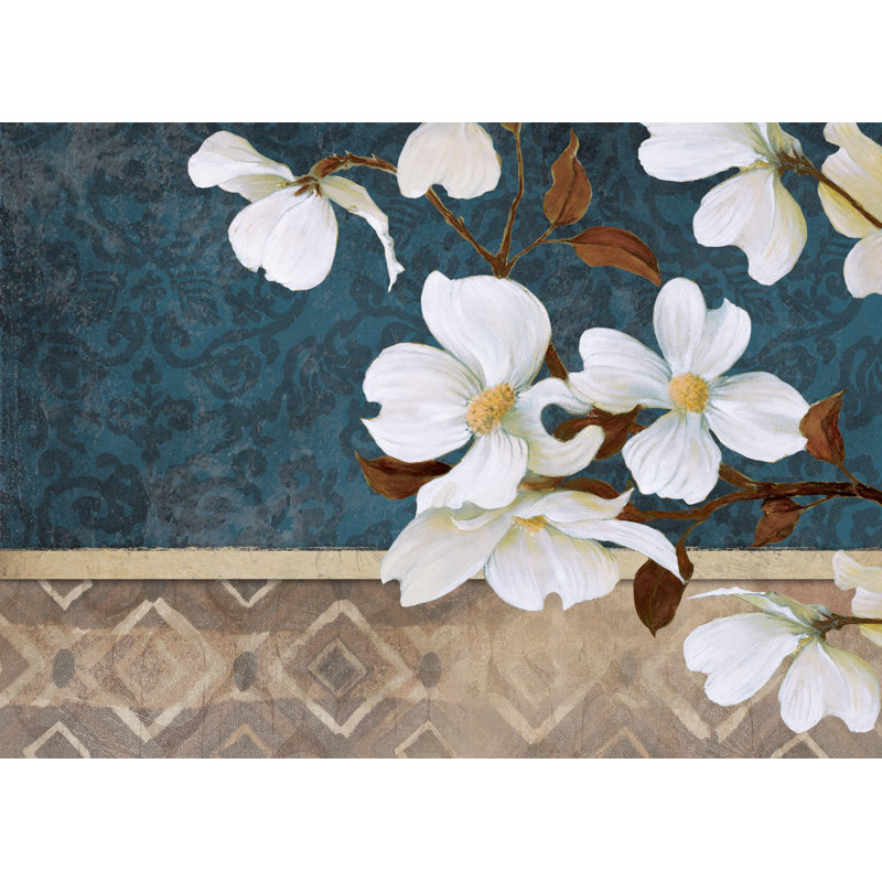 White Flowers On Blue Pattern - Wrapped Canvas Art Prints, 30cm H x 46cm W