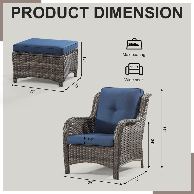 Ensemble de conversation en osier pour 4 personnes avec coussins et repose-pieds, Bleu