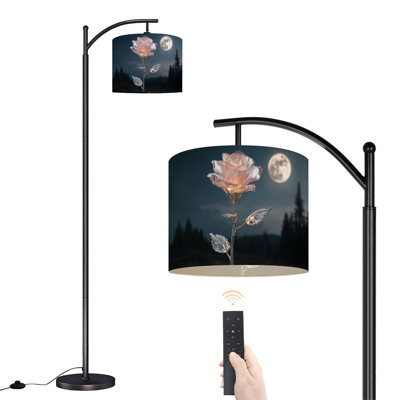  Arc Floor Lamp Glowing Transparent Rose Under Moonlight Sparkling Petals Silver Stem Tall Modern Standing Lamp LED Adjustable Linen Lampshade 3 Color Temperatures
