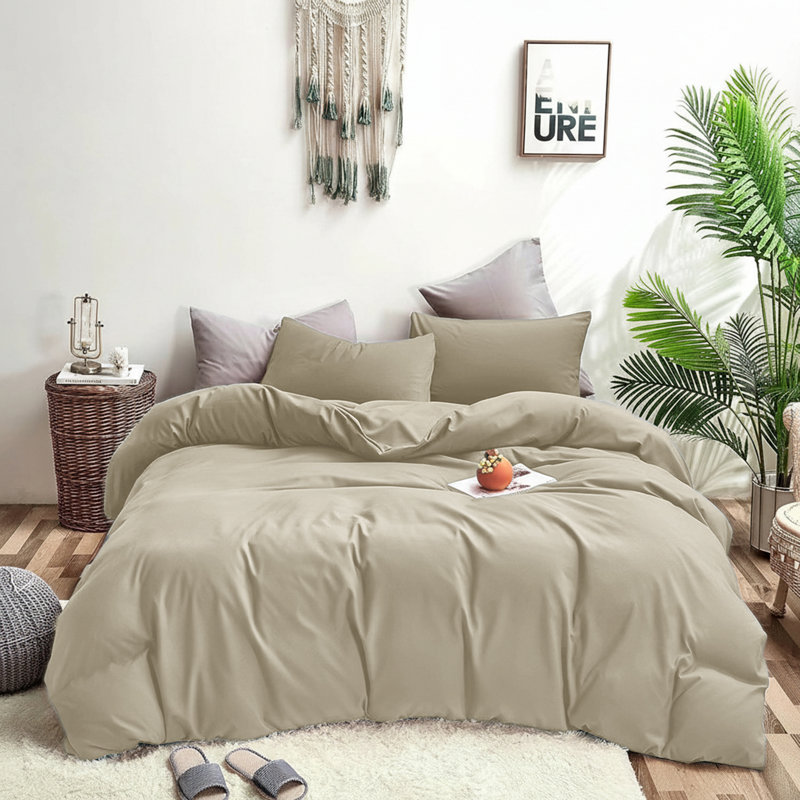 Plain Dyed Microfiber Duvet Cover Set with Pillowcases (3-Piece), Double Duvet + 2 Additional Pieces, Beige