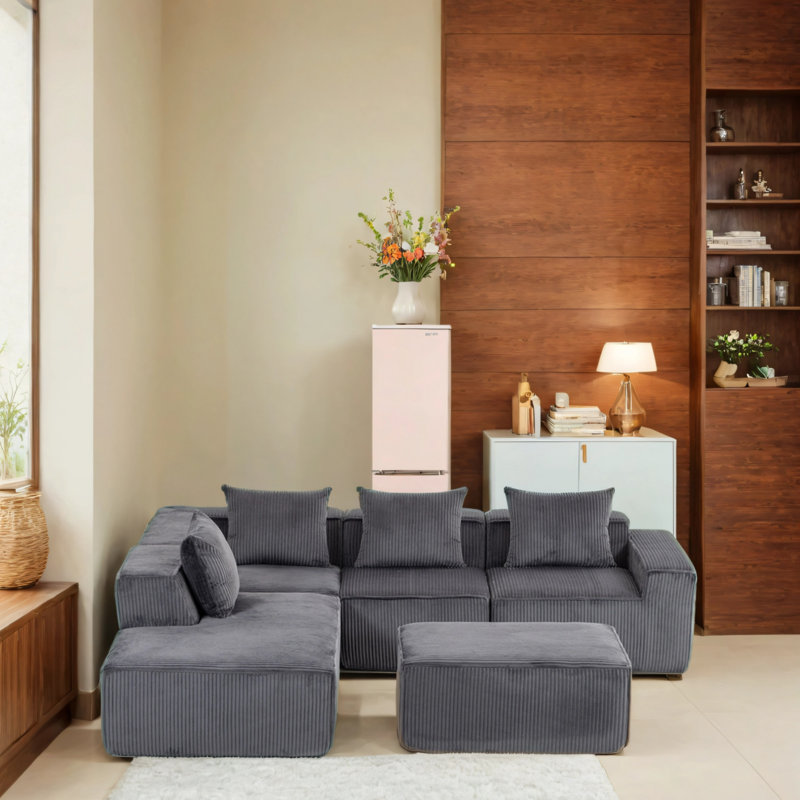 Canapé modulaire en velours avec repose-pieds, Velours côtelé gris