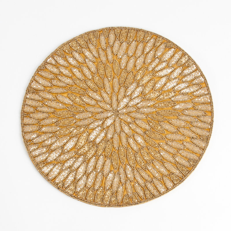 Handmade Beaded Design 15-inch Round Placemat, 1-piece, Gold